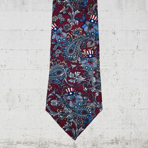 90s Vintage USA Teddy Bear Silk Red Paisley Patriotic Carlo Battini Neck Tie